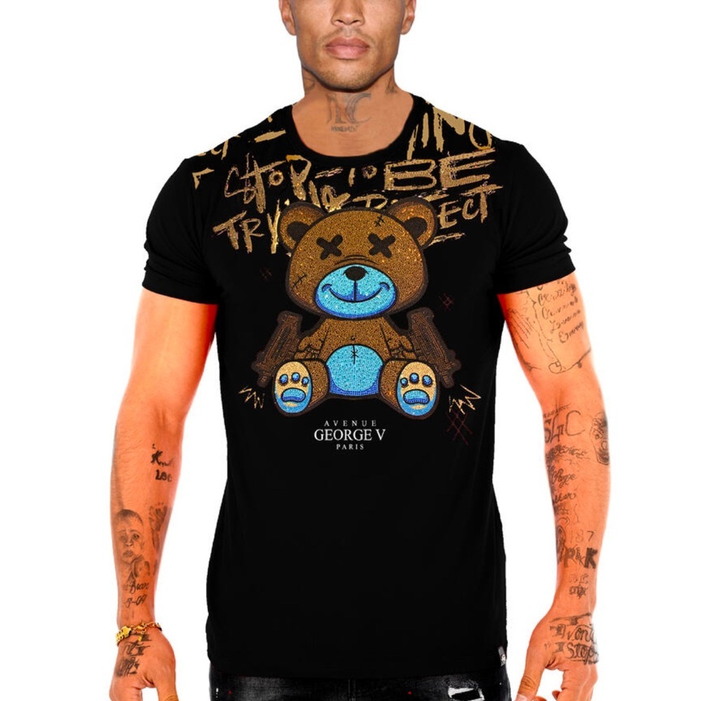 Men’s designer black George V Paris T-shirt with rhinestones